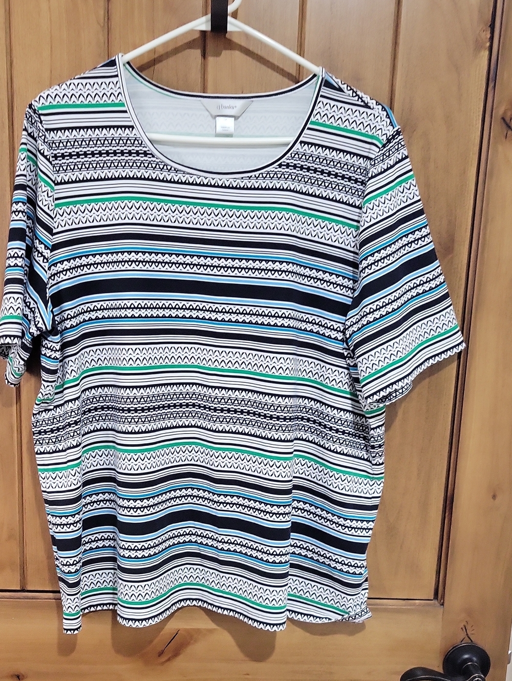 CJ Banks Black, White, Black & Blue Striped Short-Sleeve Top